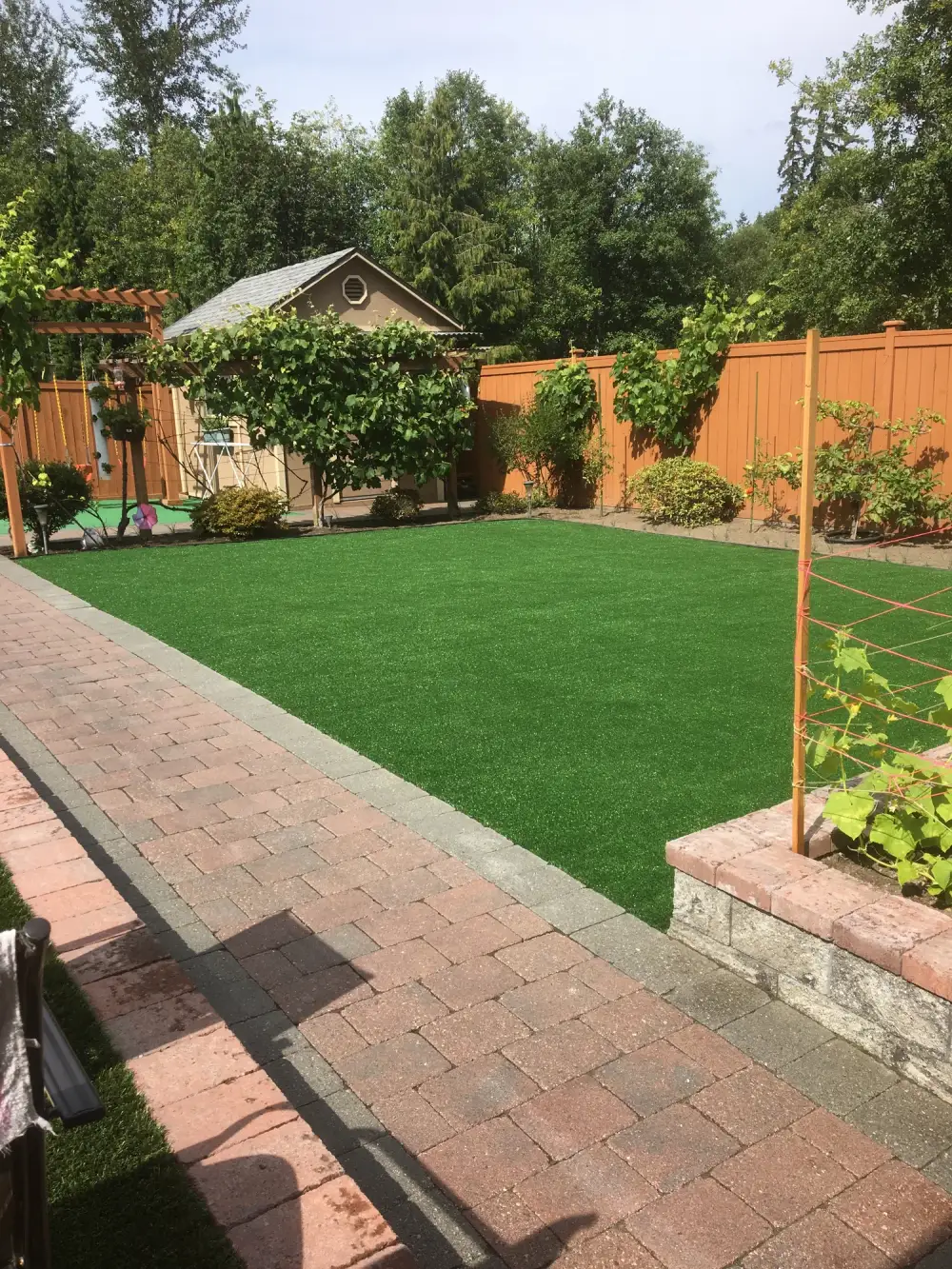 Rectangular artificial turf lawn bordered by red brick pavers, with a grape trellis and a raised brick planter alongside