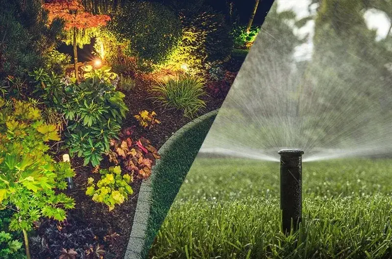 Pop-up sprinkler head watering a lawn, shown beside a landscape bed lit at night