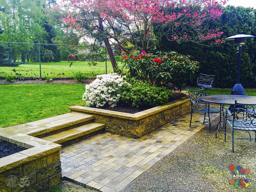 Grey paver terrace with garden furniture beside a raised planting bed edged in stone, with a lawn and a flowering rhododendron behind