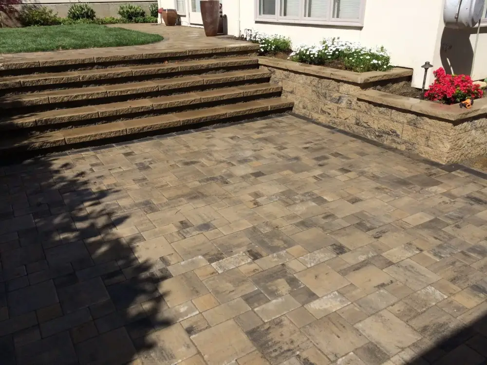 Paver patio with wide steps leading up to a planted lawn on a two-level back garden