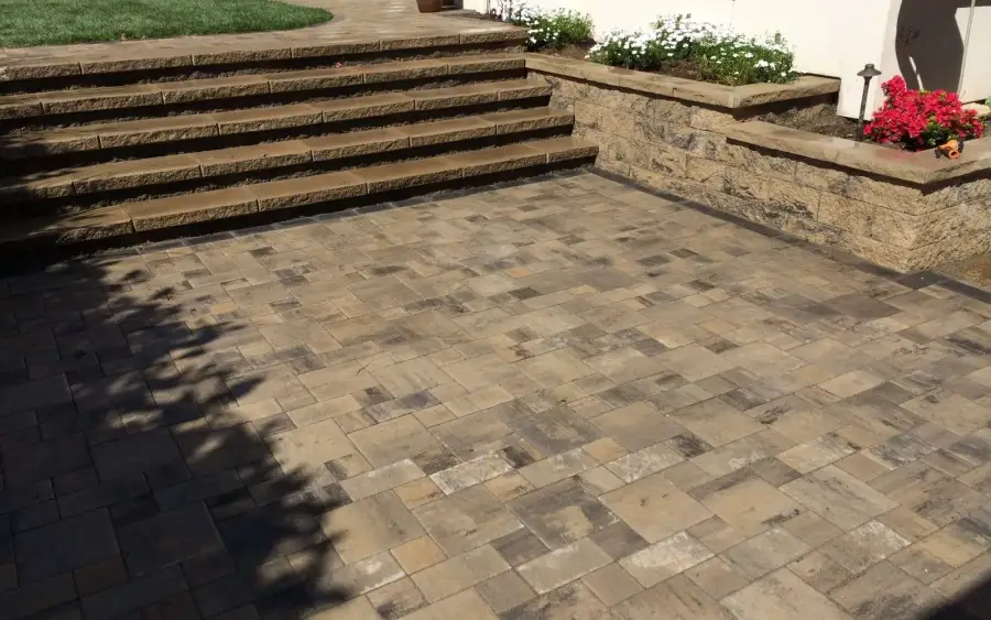 Paver patio with wide steps leading up to a planted lawn on a two-level Laurelhurst garden