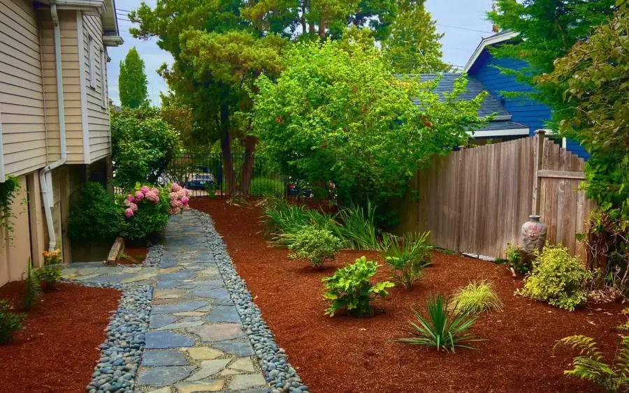 Flagstone stepping path with a river rock edge and fresh bark beds in a north Seattle garden