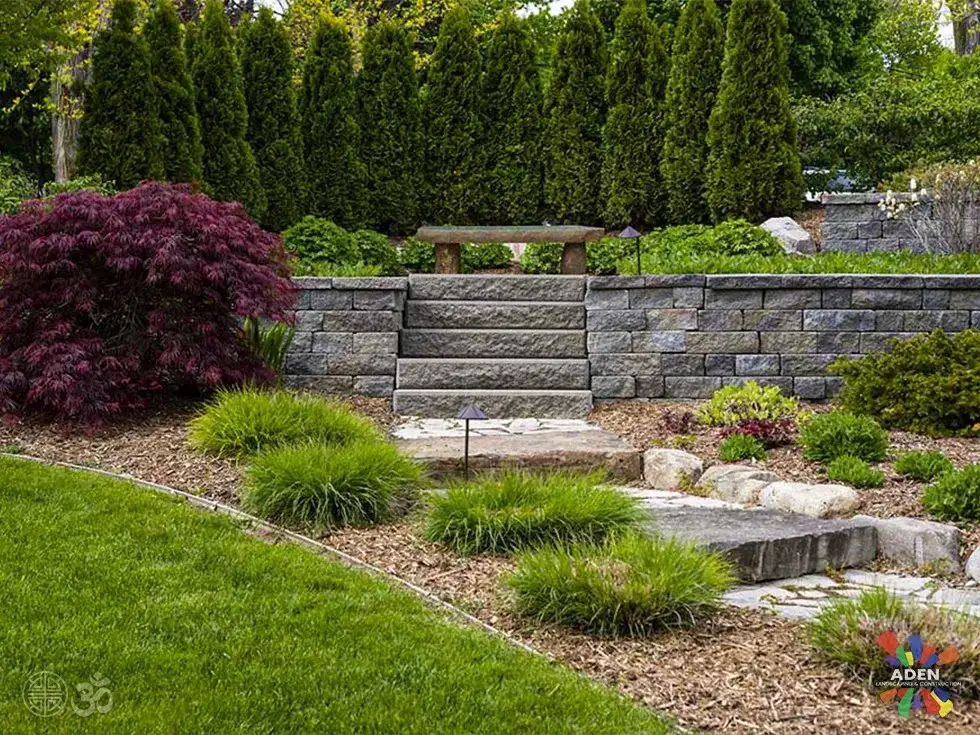 Grey block retaining wall with stone steps set into it, surrounded by established grasses, a Japanese maple and mulched beds